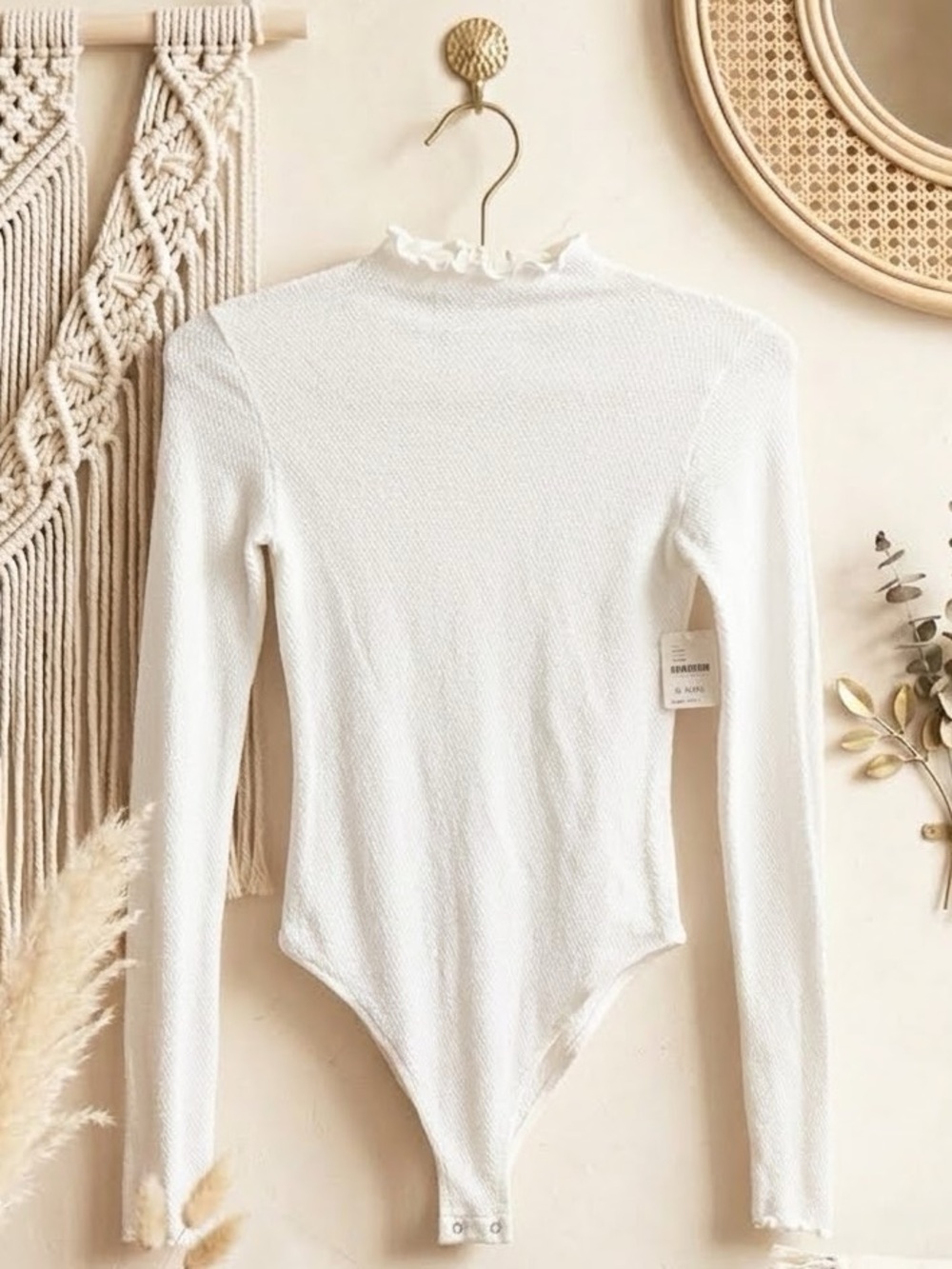 NWT Free People Intimately White Ruffled Mock Neck Long-Sleeve Bodysuit Sweater